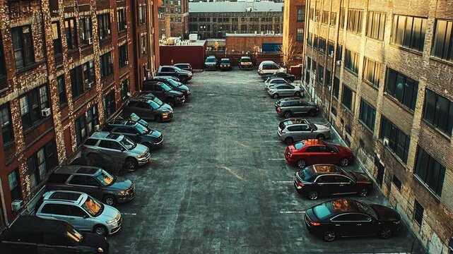 Urban parking lot filled with cars between brick buildings in late afternoon