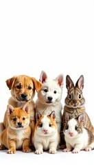 Fototapeta premium Adorable group of small pets including puppies, kittens, bunnies, and hamsters on a white background, banner, cute, hamsters