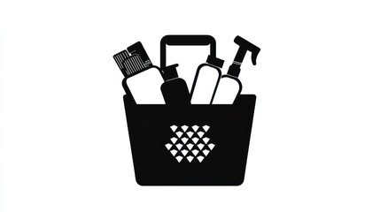 Cleaning supplies shopping basket; home cleaning; white background; website icon