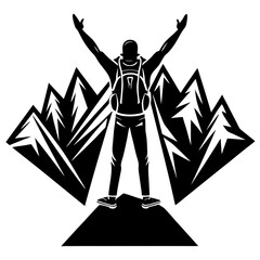 A silhouette of a backpacker standing triumphantly at the peak of a mountain, gazing into the distance