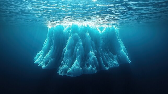 A realistic iceberg illustration showcases the visible part above water and emphasizes the vast hidden portion beneath, highlighting the concept that like an iceberg.
