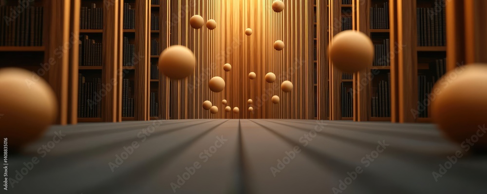 Poster Books floating in the air with a focus on literature and cognition concept. Abstract design featuring floating spheres in a golden space.