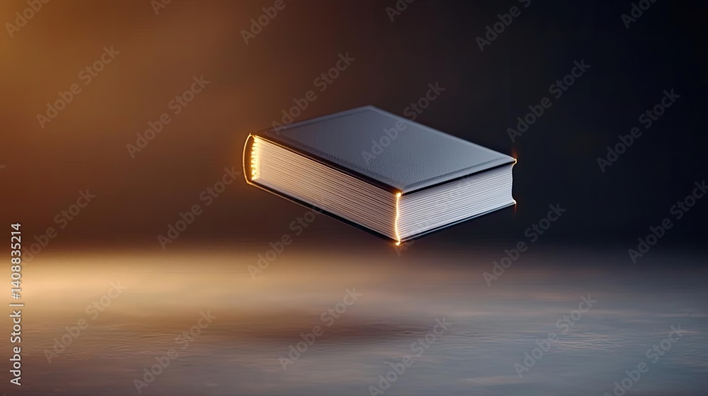 Aufkleber Books floating in the air with a focus on literature and cognition concept. A floating book illuminated with soft golden light.