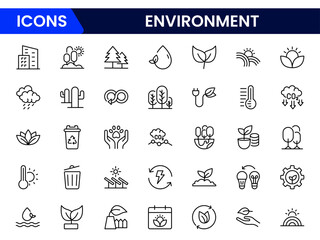 Fototapeta premium Vector illustration web line icon collection showcasing environmental themes sustainability, green energy, recycling, conservation, eco-living, nature protection, climate action, biodiversity, clean a