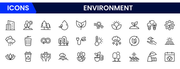 Vector illustration web line icon collection showcasing environmental themes sustainability, green energy, recycling, conservation, eco-living, nature protection, climate action, biodiversity, clean a