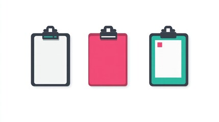 Three clipboards with blank papers, office supplies, white background; for website design