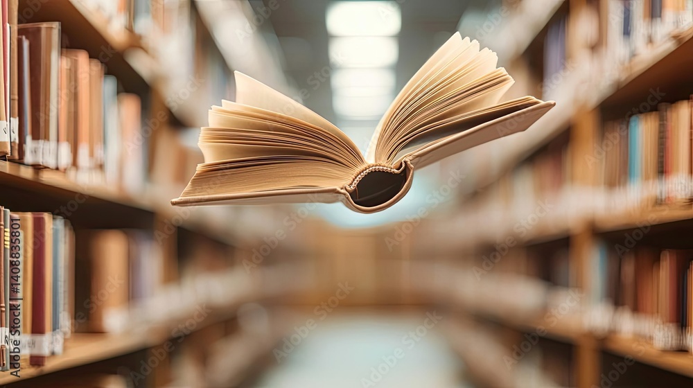 Aufkleber Books floating in the air with a focus on literature and cognition concept. An open book floating in a library filled with bookshelves.