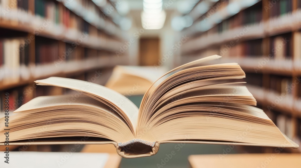 Poster books floating in the air with a focus on literature and cognition concept. an open book in a librar