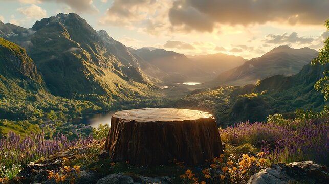 Stunning sunset over mountainous landscape with tree stump nature scene vibrant flora serene atmosphere wide angle