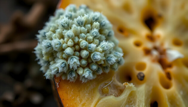Closeup Of A Clustered Flower On A Slice Of Fruit