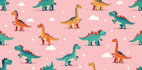 Obraz premium Adorable pink seamless pattern with cartoon dinosaurs for kids' products, vector, dino, background