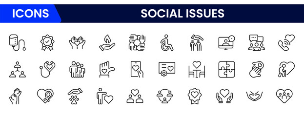 Vector illustration web line icon collection depicting social issues poverty, inequality, homelessness, mental health, discrimination, education access, activism, justice, awareness, and community sup