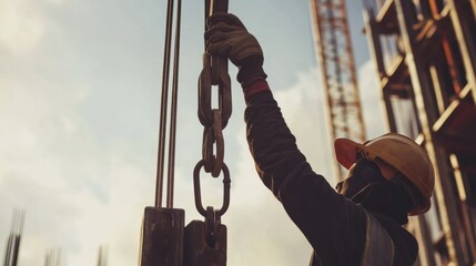 A construction worker lifting heavy materials using a crane hook. Featuring coordination and strength