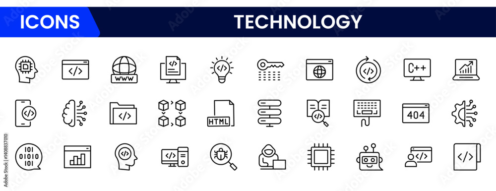 Poster vector illustration web line icon collection showcasing technology concepts ai, cloud computing, dev