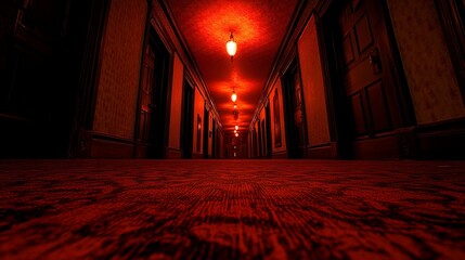 Long, red-lit hotel hallway, extending into darkness