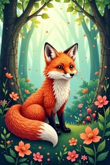 Fototapeta premium Adorable red fox surrounded by leaves, flowers, and trees in a seamless vector pattern, red, natural elements