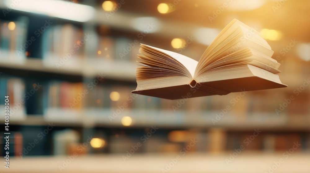 Poster books floating in the air on a library and shelf concept. an open book floating above a blurred libr