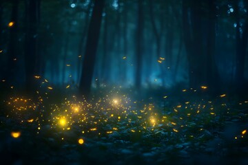 Naklejka premium Mystical Night Forest with Glowing Fireflies in Dark Green Blue Environment