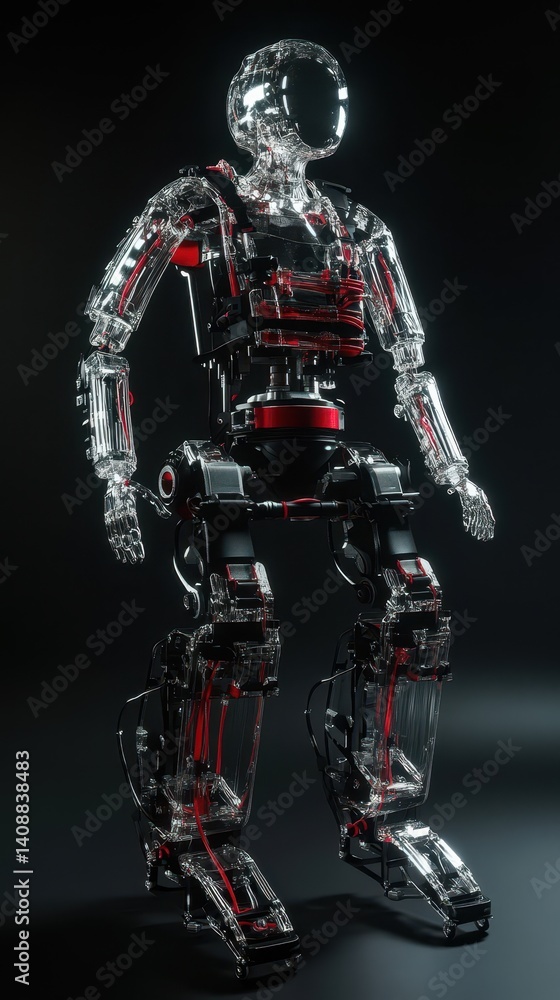 Poster a transparent humanoid robot with red internal components is shown