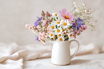 Colorful wildflowers adding a touch of beauty to a white ceramic vase