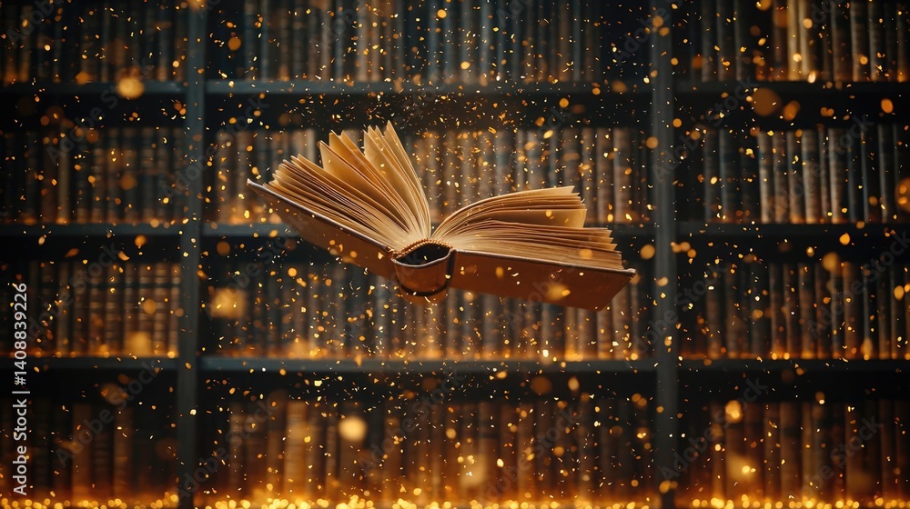 Poster books floating in the air on a library and shelf concept. a mystical open book hovering in a library