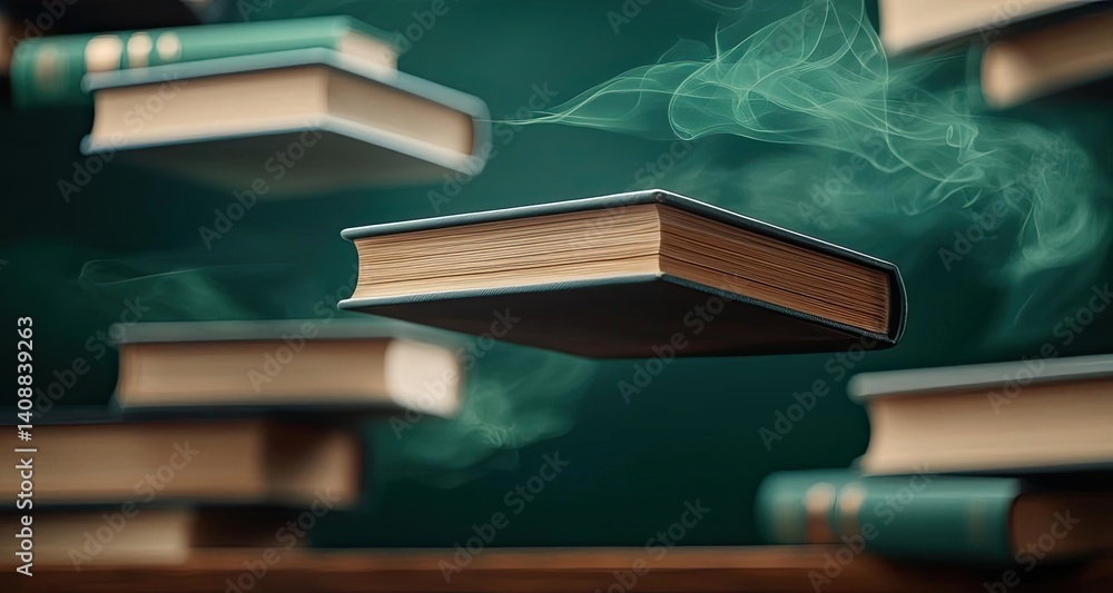 Aufkleber books floating in the air with flying and education concept. floating books in a mystical atmosphere