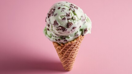 Mint chocolate chip ice cream cone on pink, a refreshing summer treat
