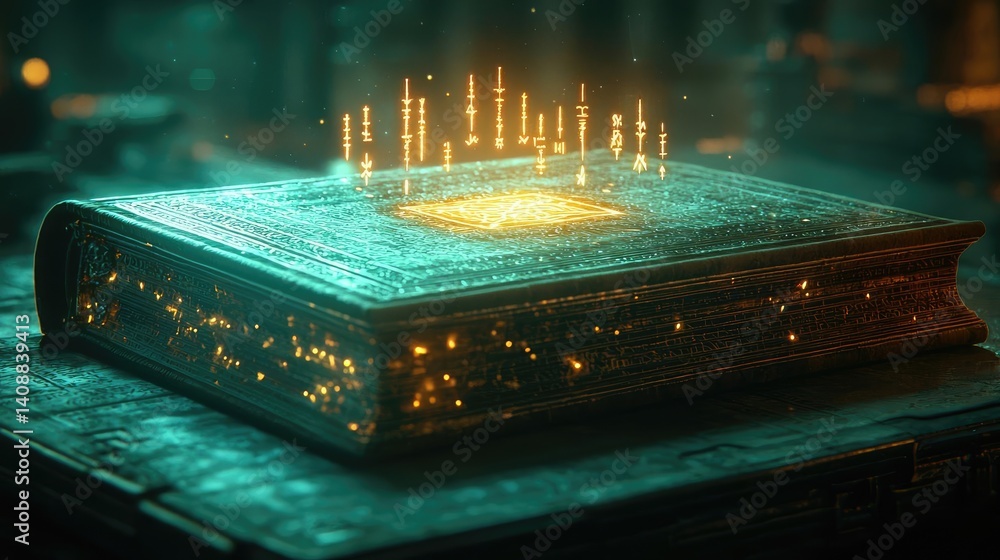 Poster books floating in the air with flying and education concept. a mystical ancient book emanating glowi