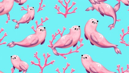 Fototapeta premium Adorable swimming seals in a pink coral wreath, seamless vector repeat pattern on blue background, water, seals