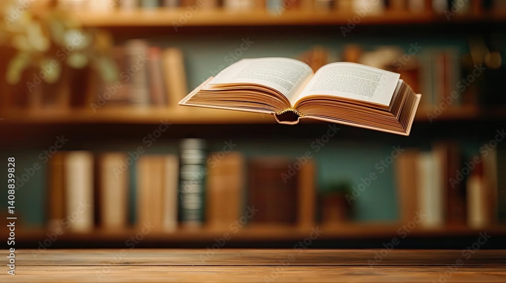 Poster books floating in the air on a library and shelf concept. an open book floating above a table agains