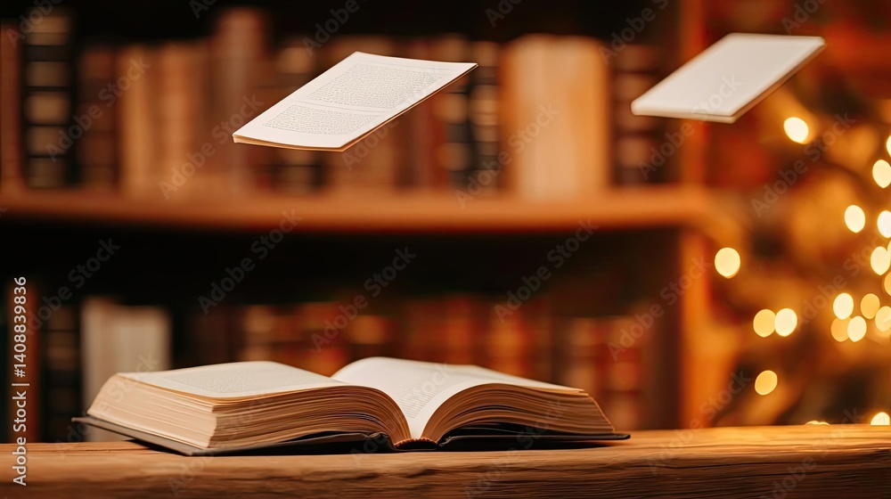 Poster books floating in the air on a library and shelf concept. an open book with pages floating in an enc