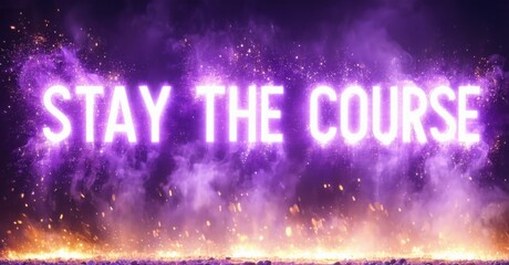 Large glowing stay course in bold purple and white mounted on gritty panels with sparks light bounce and mist