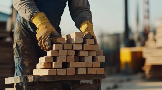 A construction worker loading bricks onto a trolley. Featuring organization and material handling