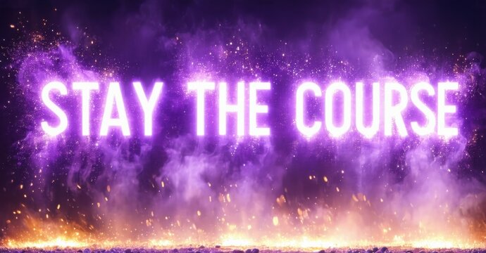 Large glowing stay course in bold purple and white mounted on gritty panels with sparks light bounce and mist