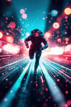 A man in a space suit is running through a city