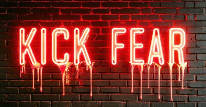 Massive glowing kick fear sign in bold red neon with golden highlights mounted on matte bricks with dripping reflections