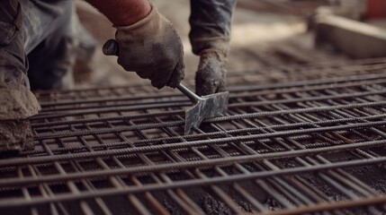 A construction worker preparing steel bars for concrete pouring. Featuring steel preparation and reinforcement work