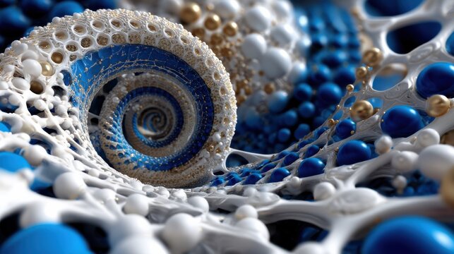 A spiral of blue and white spheres with gold accents