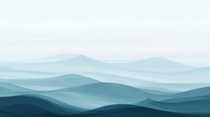 Misty mountain range, soft teal hues.