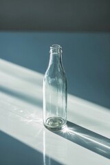 there is a glass bottle sitting on a table with a shadow