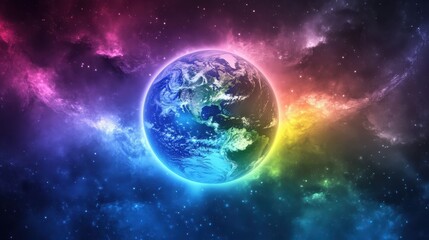 Obraz premium A vibrant earth displays in a colorful nebula background of space
