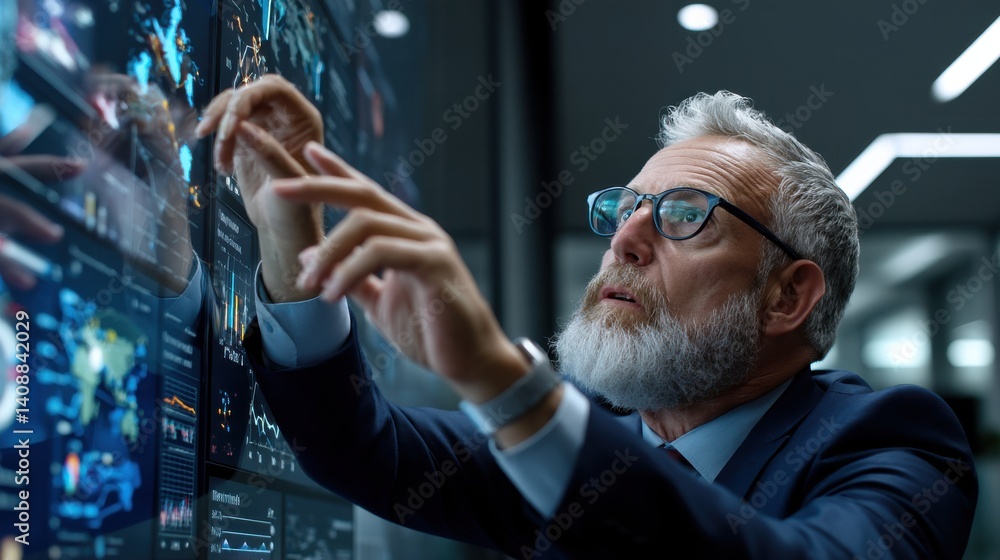 Aufkleber a man in a suit is looking at a computer screen with a lot of data on it