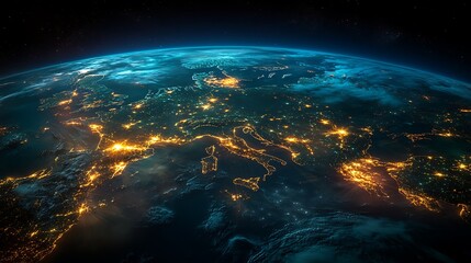 Obraz premium 3D cyber space world with neon colored global network and energy technology power visualizations