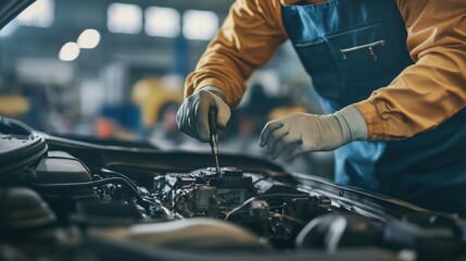 Mechanic inspecting a car engine in a garage workshop. Featuring technical skill and focus