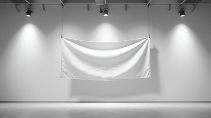 White small wall hanging banner floating in mid air on white background in monochrome and minimalism. Illustration of the concept of award ceremonies