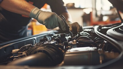 Mechanic inspecting a car engine in a garage workshop. Featuring technical skill and focus