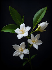 Fototapeta premium Beautiful Jasmine flowers on dark background. Close-up of white jasmine photography in low key with copy space