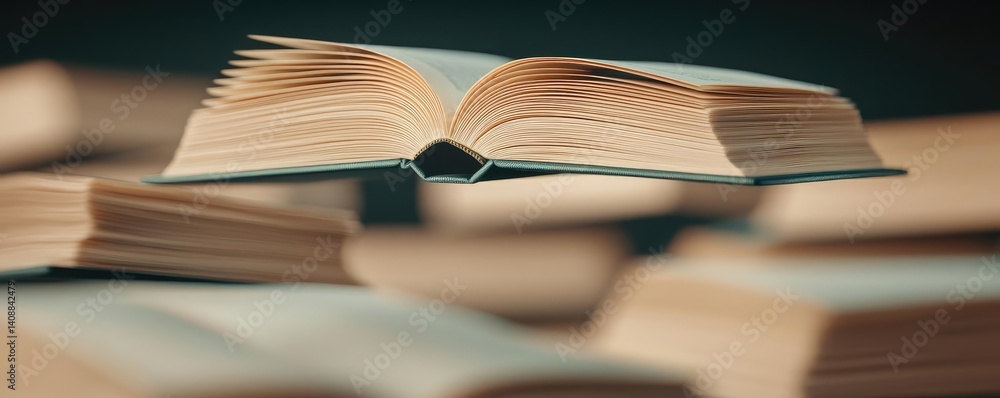 Poster Books floating in the air with flying and education concept. An open book hovering over stacked pages, inviting readers in.