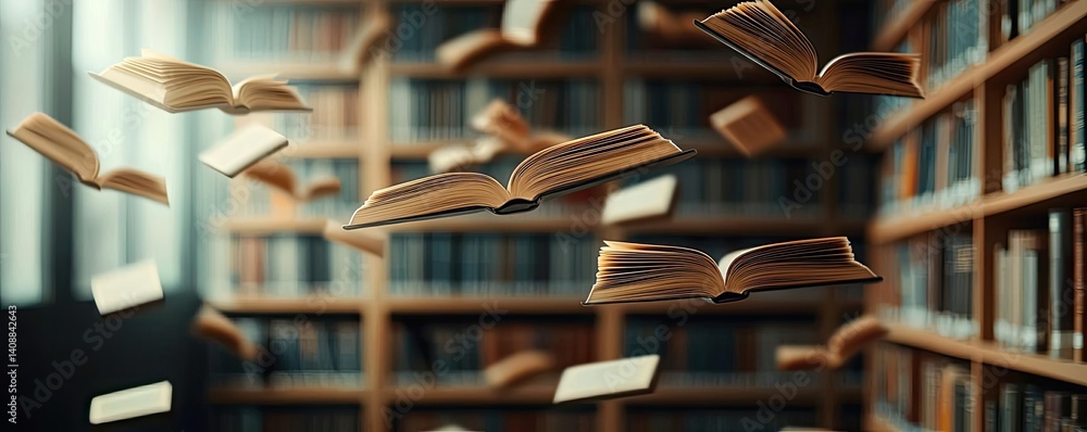 Poster Books floating in the air with flying and education concept. A mesmerizing scene of books floating in a library space.