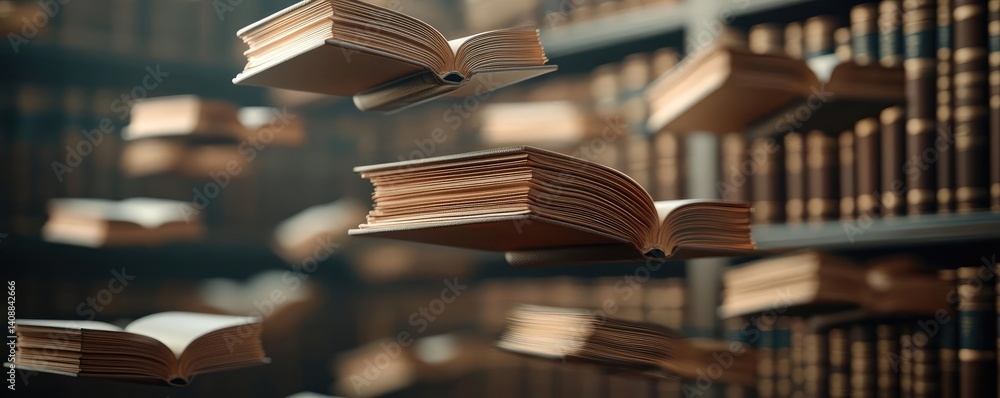 Poster books floating in the air with flying and education concept. floating books in a library create a ma